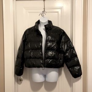 Fabletics Puffer Coat Black Shiny Full Zipper Pockets Mock Neck Size Large